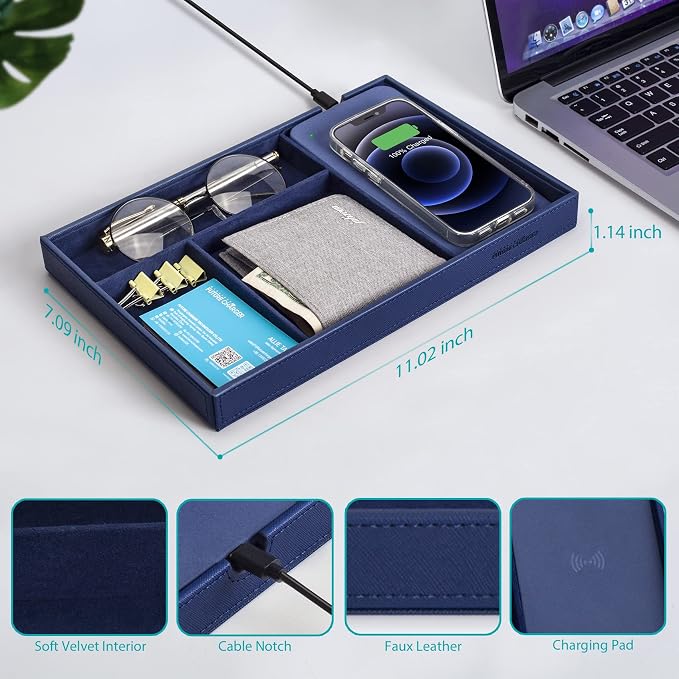 Valet Tray, Built in Wireless Charging Pad, Nightstand Organizer, Bedside Organizer, Mens Jewelry Box, Everyday Carry Tray for Men and Women -Blue - Image 6