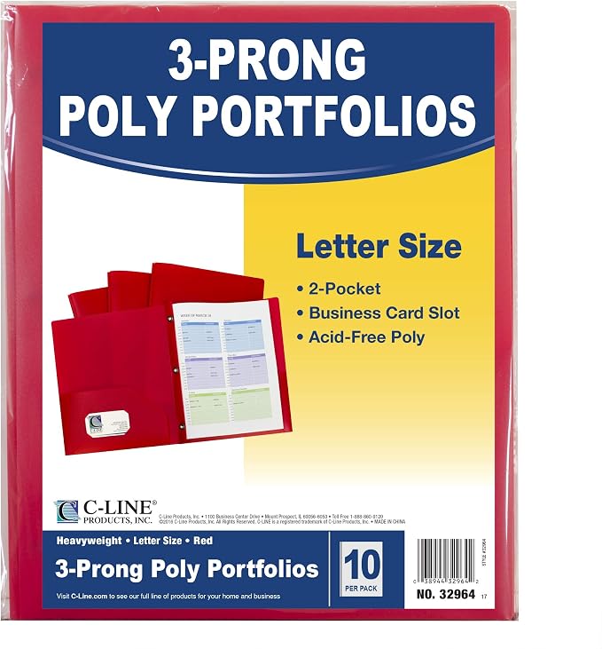 C-Line Two-Pocket Heavyweight Poly Portfolio with Prongs, for Letter Size Papers, Includes Business Card Slot, Red, 10 Pack (32964) - Image 2