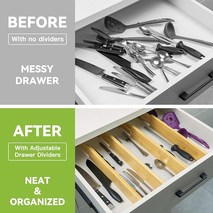 Utoplike Kitchen Drawer Divider, Expandable Bamboo Drawers Organizer 3.2" H | Large Adjustable Spring-Loaded Separators for Spatulas, Utensils, Bedroom & Home Storage, 4pcs, Fit 18"-20.6" Inner Drawer - Image 8
