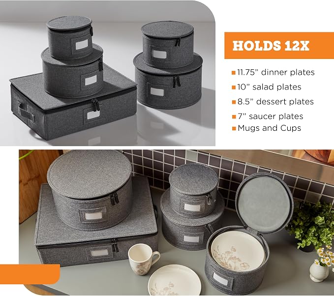 5-Piece Premium China Storage Set | Plates & Mugs | Gray | Full China Set For 12 - 4 Plate Cases + Mug Case, Flip-Top Lid. Hard Shell, Felt Dividers, Stackable, Easy Access. - Image 3
