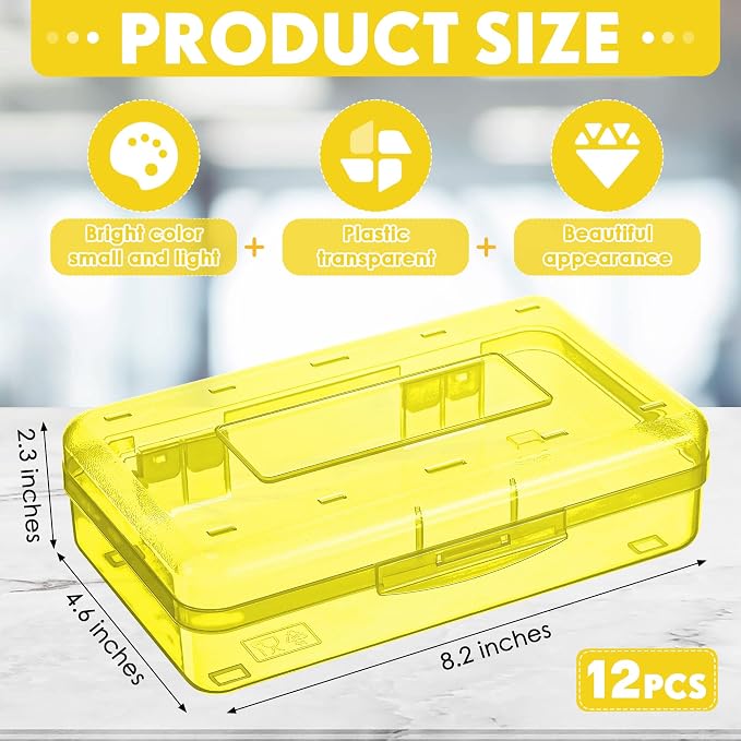 Leelosp 12 Pack Clear Pencil Boxes for School Bulk, Large Plastic Pencil Case with Lid, Stackable Hard Crayon Storage Box for Classroom Kids, Desk Drawer Organizer for Office Home(Yellow) - Image 2