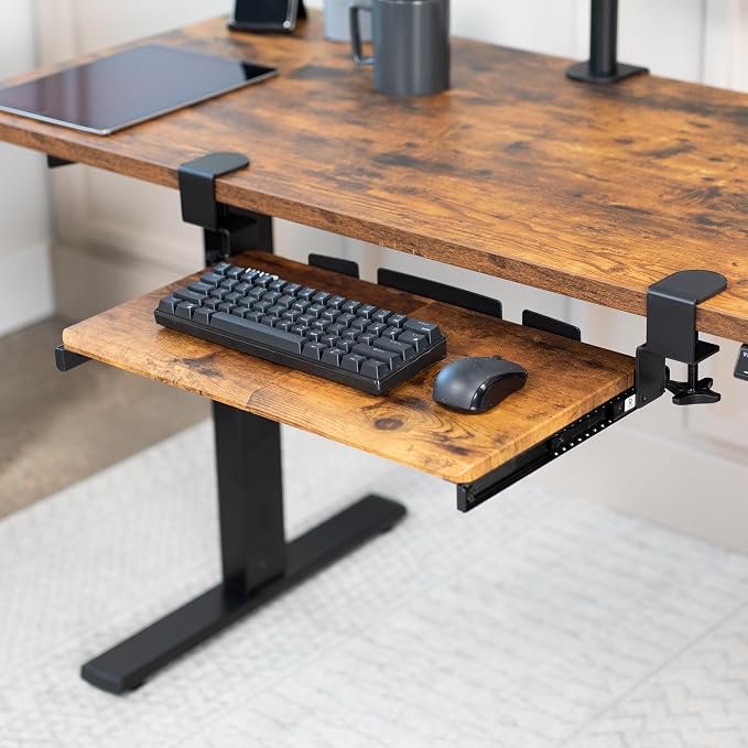 VIVO Small Keyboard Tray, Under Desk Pull Out with Extra Sturdy C Clamp Mount System, 20 (26 with Clamps) x 11 inch Slide-Out Platform Drawer, Rustic Vintage Brown Top, Black Frame, MOUNT-KB05ES-N | Keyboard Tray for Typing, Slide Out Platform, Rustic,... - Image 2