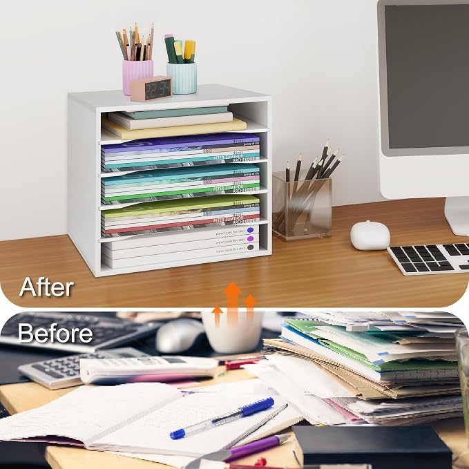 EMERIT Paper Organzier Wood Desktop Organizer Storage Letter Tray File Sorter with Adjustable Shelves for Home Office - Image 6