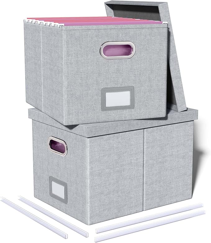 2 Pack File Storage Organizer, Filing Box, Portable File Box with Lid, Fit for Letter/Legal File Folder Storage, Document Organizer, Gray-White by Oterri