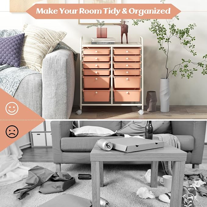 COSTWAY 12-Drawer Rolling Storage Cart, Moveable Art Craft Organizer | Lockable Wheels, Metal Shelf, Files Arrangement Tools Makeup Storage Cart for Office, Home, School (Peach) - Image 7