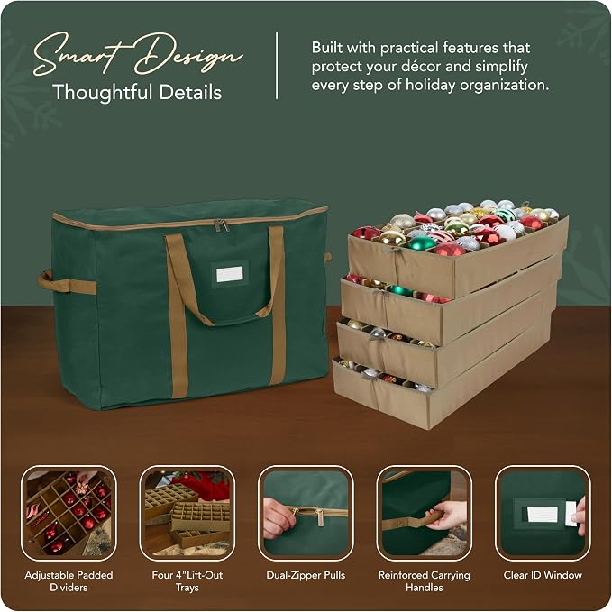 Covermates Keepsakes Adjustable Ornament Storage Bag – Heavy-Duty Polyester, Padded Dividers & FlexGrid Trays – Protective Holiday Ornament Organizer with Handles & Label Window, Green - Image 4