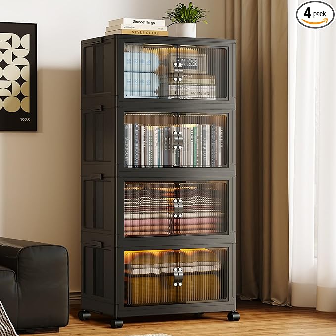 SAILUN 116Gal/464Qt Stackable Storage Bins Folding Collapsible Storage Bins with a Lid, Closet Organizers and Storage,Black 26" W x 17" D x 56.7" H | Stackable Storage Drawers with Lids,26" W x 17" D x 56.7" H,Featuring open-front Access for Clothes an... by SAILUN