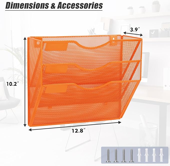 3 Pocket Mesh Hanging Wall File Organizer, Wall Mounted Mail Paper Document Folder Holder, Clipboard Storage Organization Magazine Rack with Nametag Label for Office Home School, Orange - Image 2