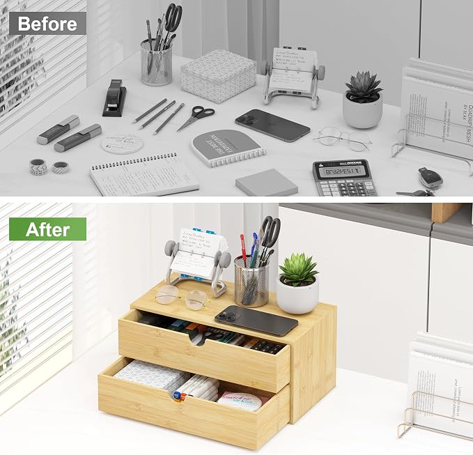 Bamboo Desk Organizer with Drawers, Desktop Storage Box for Office Supplies | 2 Drawers Desktop organizer, No Assembly Required, Natural Wood Wooden Desktop Drawers for Bills, Cosmetics, Seals, Paper - Image 5