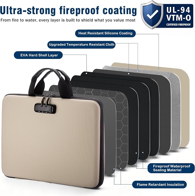 Fireproof Document Box with Lock, Hard-Shell Case Fireproof File Organizer with 13 Pocket Accordion File Folder, Portable Home Office Travel Safe Storage for Important Documents Laptop - Image 3