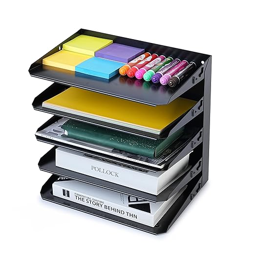 Huron Desktop Horizontal 5-Slot File Binder Organizer Storage Letter Tray, Black Commercial Grade Steel by Huron
