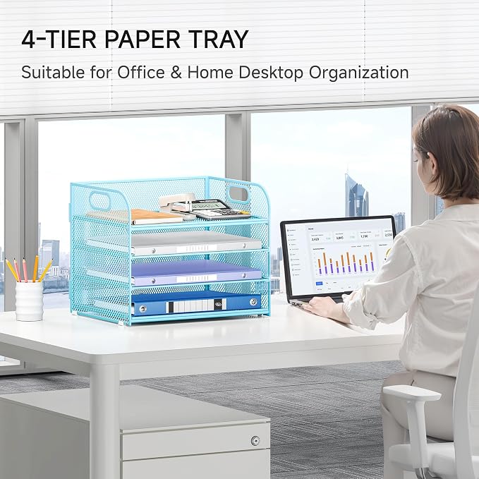 Lavatino 4-Tier Paper Organizer Trays - Blue Mesh File Folder Sorter with Handles, Desk Letter Holder Organizer for Office, Home, School Supplies Storage & Organization - Image 5
