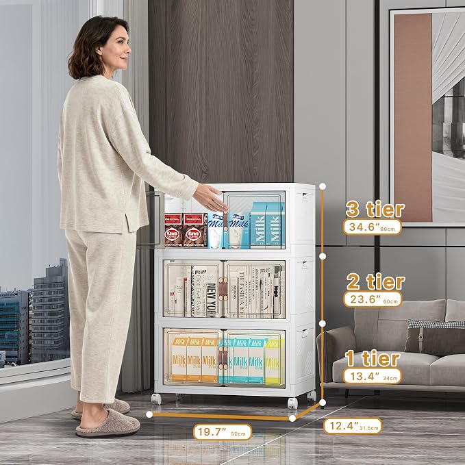 Stackable Storage Bins with Lid, 156QT Plastic Cabinet with Wheels | Large Capacity, Magnetic Door, Stack Lock, Rolling Wheels, Foldable Design, Organizers and Storage for Bedroom Dorm Garage - Image 3