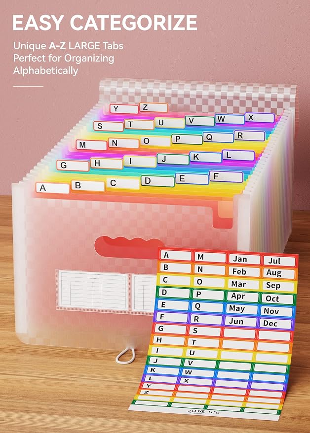 ABC life 26 Pockets Accordion File Organizer, Expanding File Folder, Pink | Portable Monthly Paper Bill Tax Receipt Organizer, Letter/A4 Size, Document Organizer with Labels, for School, Home, Office - Image 5