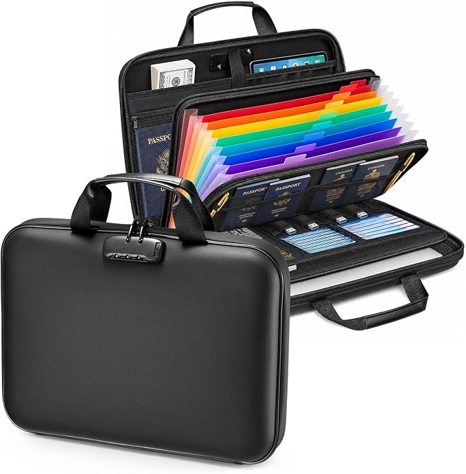 Fireproof Document Box with Lock, Hard case Fireproof File Organizer with 13 Pocket Accordion File Folders, Portable Safe Box for Home Office Travel to Storage Important Documents Laptop by Unknown