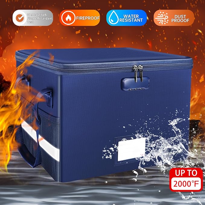 ENGPOW File Box with Lock, Fireproof Document Box with Pockets, Collapsible File Organizer Filing Storage Cabinet with Handle, Portable Home Office Safe for Hanging Letter/Legal Folders, Blue, 2 Pack - Image 3