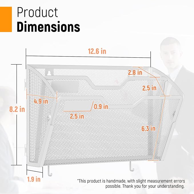 Docnest 3 Pack 2 Tier Mesh Wall File Holders with Hooks for Mail, White | Space-saving vertical design with utility hooks. Ideal paper document organizer for office, home, and school - Image 2