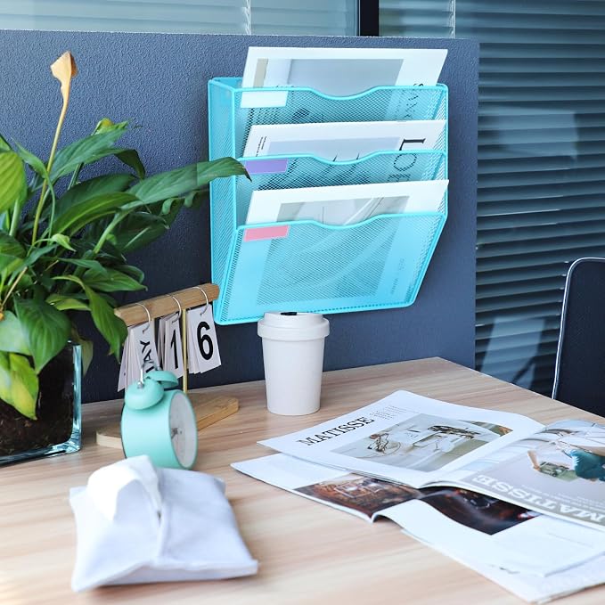 3 Pockets Mesh Wall File Holder Organizer Office Hanging File Folder Magazine Rack, Nametag Label Hooks Set Included (Blue) - Image 7
