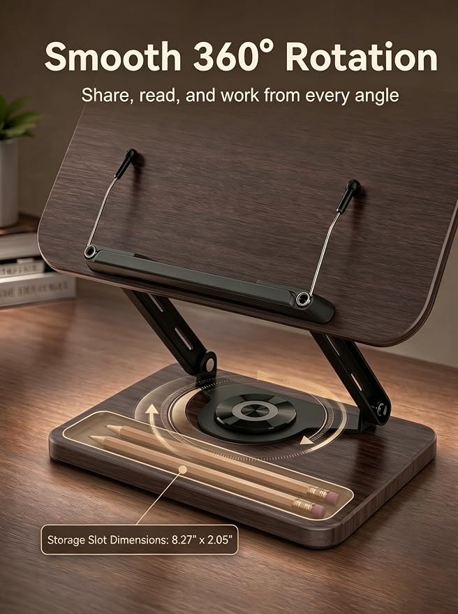 Adjustable Book Stand with Light, Book Holders for Reading Hands Free | Ergonomic Stand for Cookbooks, Bibles, Laptops & Tablets with Page Clips and 360° Rotation - Image 7