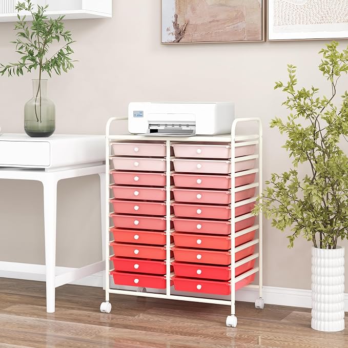 GOFLAME 20-Drawer Rolling Storage Cart, Multifunctional Art Craft Organizer, Mobile Utility Storage with Removable Drawers & Lockable Wheels, Craft Cart for Home Office School, Pink Gradient - Image 9