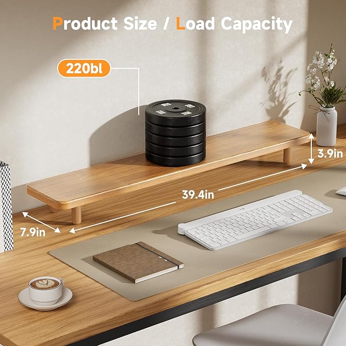 Dual Monitor Stand Riser, 39 Inch Extra Long Wooden Desktop Monitor Riser with Storage for 2 Monitors Ultra Strong Desk Shelf Organizer Riser Ergonomic for 2 Screens/Laptop/PC/TV/Printer (Light Walnut, 39inches) - Image 3