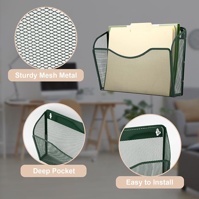 3 Single Pocket Mesh Hanging File Organizer, Vertical Wall Mounted Magazine File Holder, Mount Basket Mail Paper Document Folder Organizing for Office, Home and School, Dark Green - Image 3