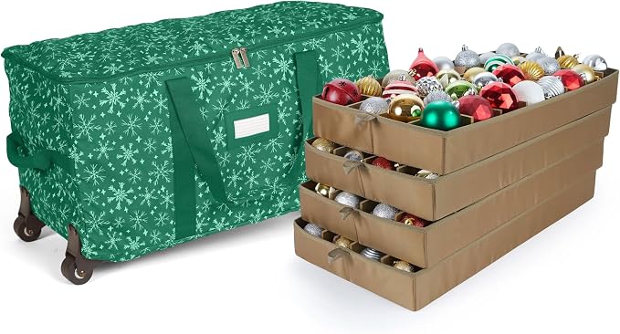 Covermates Keepsakes Rolling Adjustable Ornament Storage Bag – Heavy-Duty Polyester, FlexGrid Trays & Padded Dividers – Protective Holiday Organizer with Wheels, Handles & ID Window, Green Snowflake by Covermates