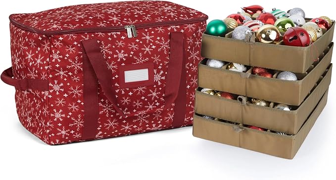 Covermates Keepsakes Adjustable Ornament Storage Bag – Heavy-Duty Polyester, Padded Dividers & FlexGrid Trays – Protective Holiday Ornament Organizer with Handles & Label Window, Red Snowflake by Covermates