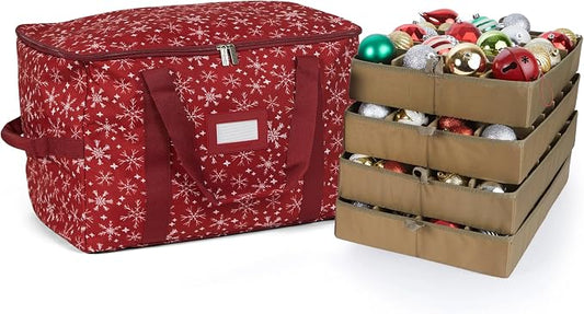 Covermates Keepsakes Adjustable Ornament Storage Bag – Heavy-Duty Polyester, Padded Dividers & FlexGrid Trays – Protective Holiday Ornament Organizer with Handles & Label Window, Red Snowflake by Covermates