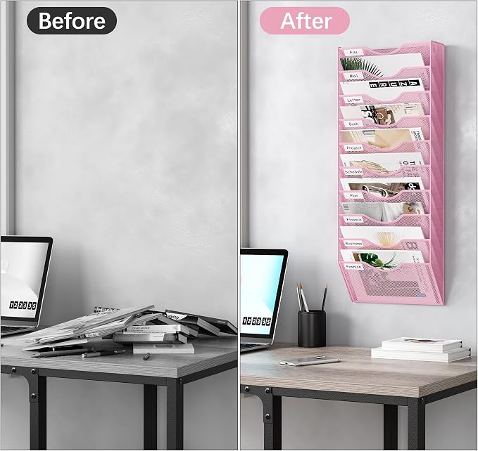EasyPAG 10 Pocket Mesh Wall File Organizer, Hanging Paper Folder Holder with Classify Label, Vertical Wall Mount Mail Organizer for Office Home Classroom, Pink - Image 5