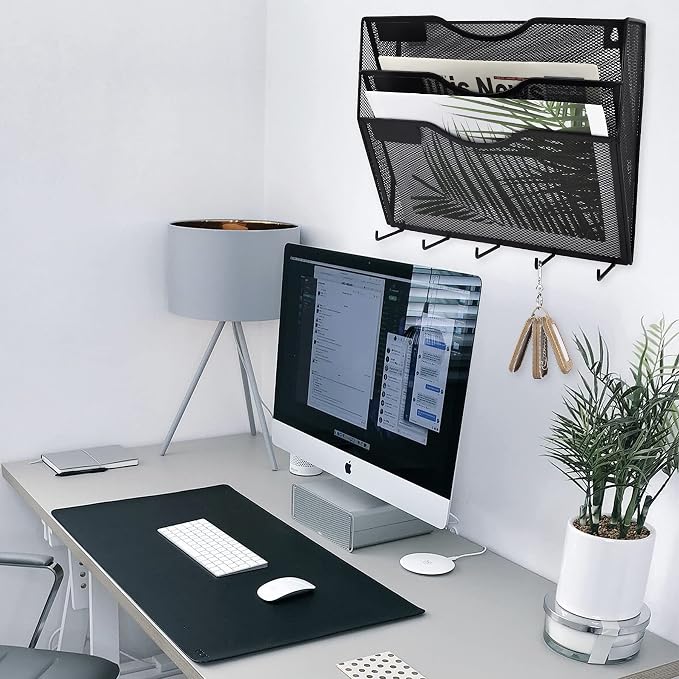3 Pocket Mesh Hanging File Organizer with Key Holder Hooks & Nametag Label, Wall Mounted Mail Paper Document Folder Clipboard Storage Organization Magazine Rack for Office Cubicle, Black - Image 5