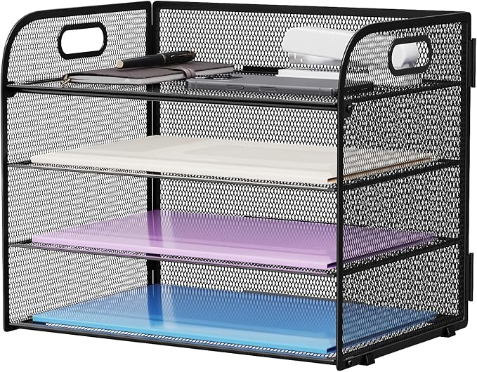 Marbrasse 4 Tier Paper Organizer Letter Tray - Mesh Desk File Organizer with Handle, Paper Sorter Organizer for Letter/A4 Office File Folder Holder (Black, 12.6" x 9.1" x 10.7") by Marbrasse