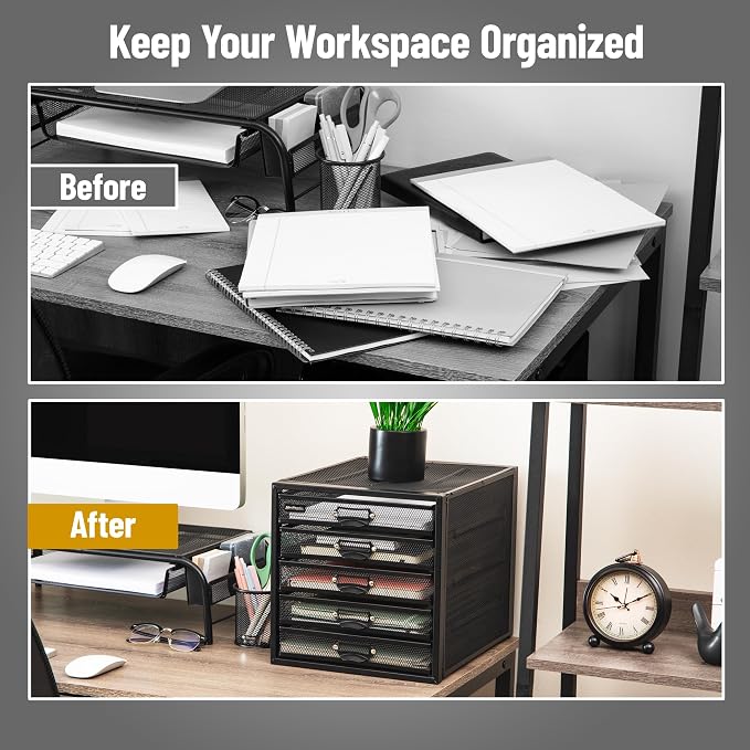 Mind Reader File Storage Drawers, Desk Organizer, Multi-Purpose, Crafts, Office, Metal Mesh, 11"L x 14"W x 11"H, Black, 5 Drawer - Image 6