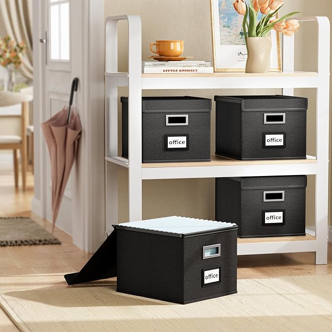 File Organizer Box with Lids, Collapsible File Folder Organizer | File Box with Plastic Slides for Office Document Storage, Filing Bin for Letter Size Hanging File Folders (1 Pack, Black) - Image 2