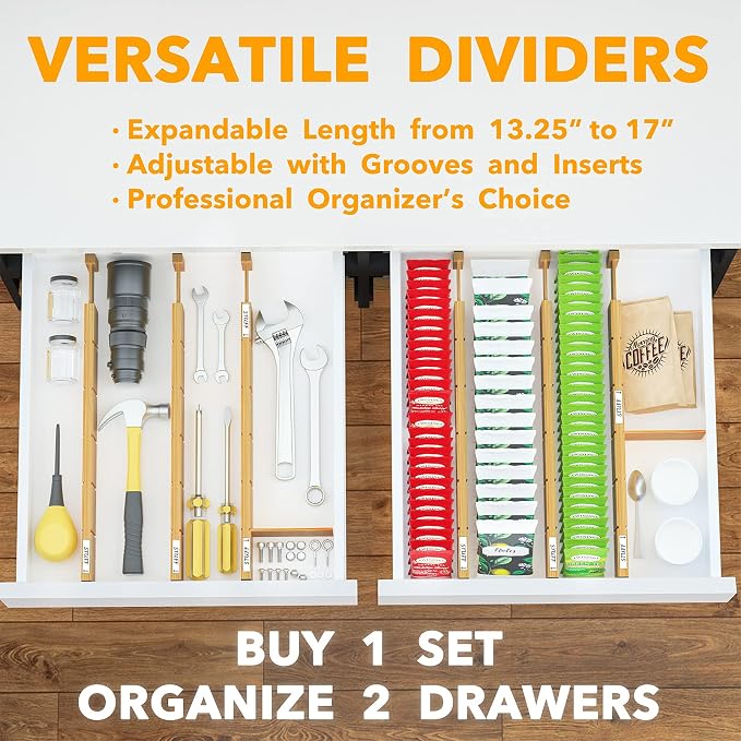 SpaceAid Bamboo Drawer Dividers with Inserts and Labels, Kitchen Adjustable Drawer Organizers, Expandable Organization for Home, Office, Dressers and Bathroom, 6 Dividers with 12 Inserts (13.25-17 in) - Image 5