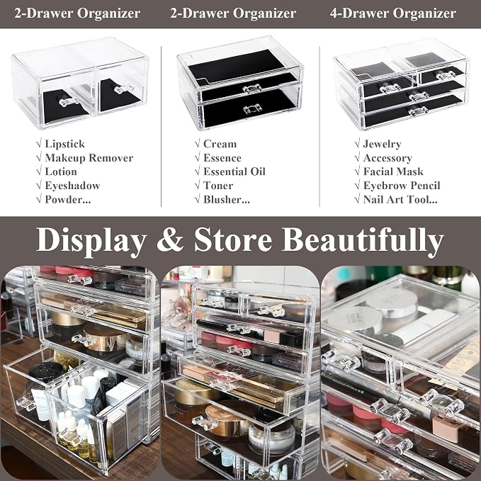 Sea Team 3-Tier Stackable Clear Acrylic Makeup Organizer with Drawers | Multi-Purpose Cosmetic Display Case, Jewelry Storage Box with 8 Drawers, Ideal for Vanity, Dresser, Bathroom, Countertop - Image 5