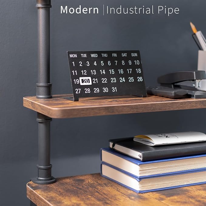 VIVO Clamp-on Premium 24 inch Industrial Pipe 2-Tier Tabletop Shelving, Heavy Duty Desk Extension Organizer, Modern Desktop Display Shelf, Rustic Vintage Brown Shelves, DESK-SHELF24-2N - Image 6