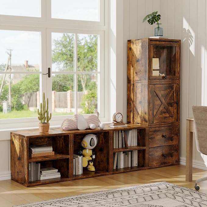 FUSUNBAO Magic DIY Cube Storage Organizer Stackable Cubes for Home Books Clothes Toy-Modular Cubby Storage System-Office Cubical-Bookcase Closet (Antique Brown, Door Cube) - Image 7