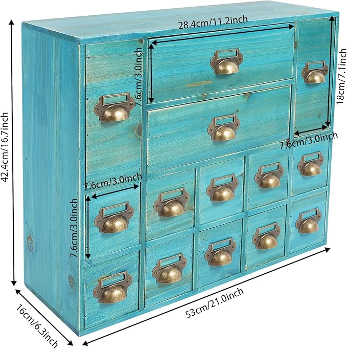 14-Drawer Apothecary Cabinet - Wooden Storage Box - Vintage Chest of Drawers - Multipurpose Tool Box - Desktop Drawer Organizer for Herb Storage, Apothecary Diaries, Tea Collection - Blue - Image 4