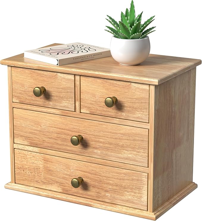 Oak Desk Organizer with Drawers, Durable Wooden Desktop Storage Box | 4 Drawer Tabletop Organizer with Metal Handle & Non-Slip Pad for Office, Bedroom, Bathroom, Vanity, Makeup, Light Burnt Brown by JNFUZ