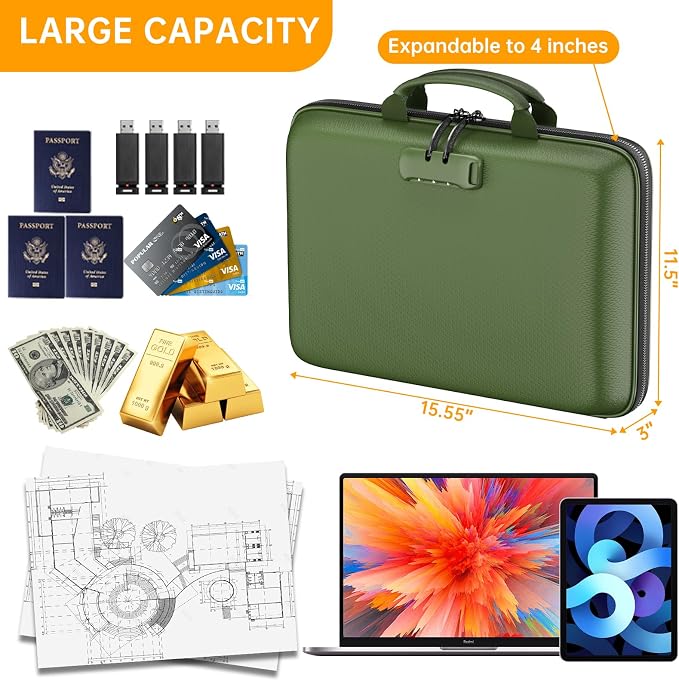 DocSafe Fireproof File Organizer with Lock, Hard-Shell Case Fireproof Document Box with 13 Pocket Accordion File Folder, Portable Home Office Travel Safe Storage for Important Documents Laptop Green - Image 4