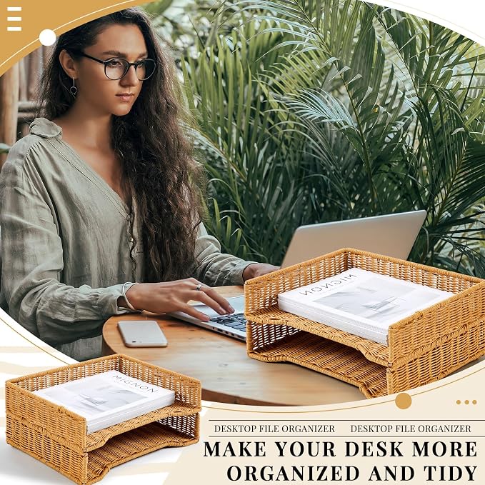 Yeaqee 2 Pcs Paper Tray Organizer for Desk Woven Letter File Organizer A4 File Tray Desk Paper Basket Letter Size Imitation Rattan Holder Organization Rack for Office Storage(Brown,Wheat Ear Pattern) - Image 4