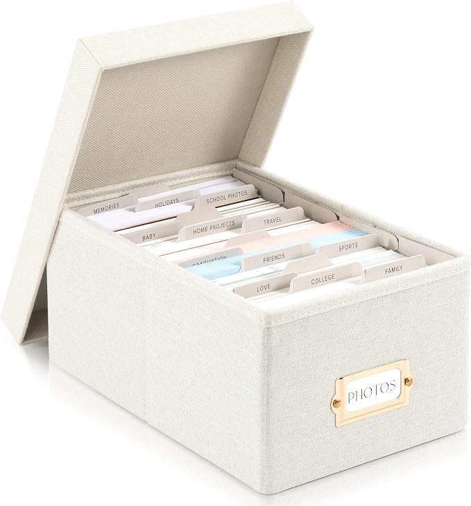 ZICOTO Decorative Photo Storage Box - Sturdy Linen Photo Organizer with Dividers is Perfect to Store Up to 850 Pictures and 4x6 Photos - Portable Scrapbook Storage Containers with Lid by ZICOTO