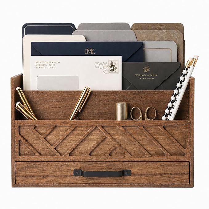 BLU MONACO | Wooden Mail Organizer with Drawer and Compartments | Mail Sorter Organizer Countertop for Desk Entryway | Outgoing Mail Holder Wood Desktop File Storage by Blu_Monaco