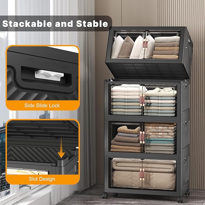 Stackable Storage Bins, 480QT Collapsible Drawers with 1 Lid | Large Capacity, Magnetic Door, Stack Lock, Rolling Wheels, Foldable Design, Organizers and Storage for Bedroom Dorm Garage - Image 3
