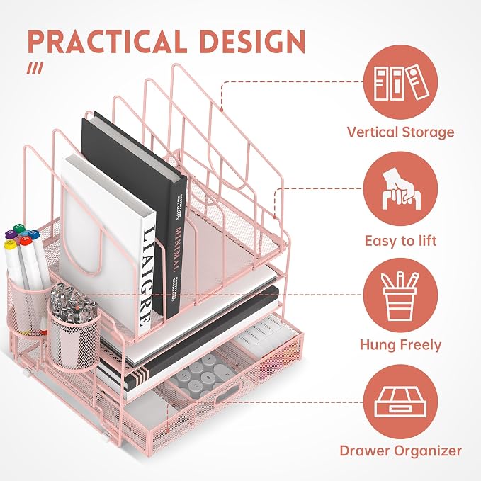 DALTACK 4-Tier Mesh Desk Organizer with Drawer, Desktop Organizer with 5 Vertical File Holders and 2 Pen Holders, File Organizer for Desk, Multifunction Office Desk Accessories, Pink - Image 4