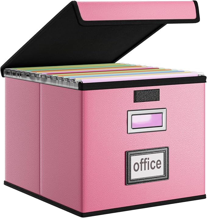 File Organizer Box with Lids, Collapsible File Folder Organizer | File Box with Plastic Slides for Document, Filing Bin for Letter Size Hanging File Folders (4 Pack, Pink, Leather) by Huolewa
