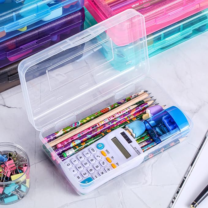 Fainne 24 Pack Pencil Boxes for School Clear Plastic Pencil Case Large Plastic Crayon Box Bulk Stackable Classroom Stationery Organizer School Supplies(Multicolor) - Image 3