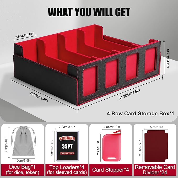 Kabinka Trading Card Storage Box with Commander Display, 4-Row Deck Case with Removable Lid; 2400+ Card Deck Box for MTG TCG Sports Card, 4 Top Loaders, 4 Stoppers, 24 Dividers,1 Dice Bag (Black Red) - Image 3
