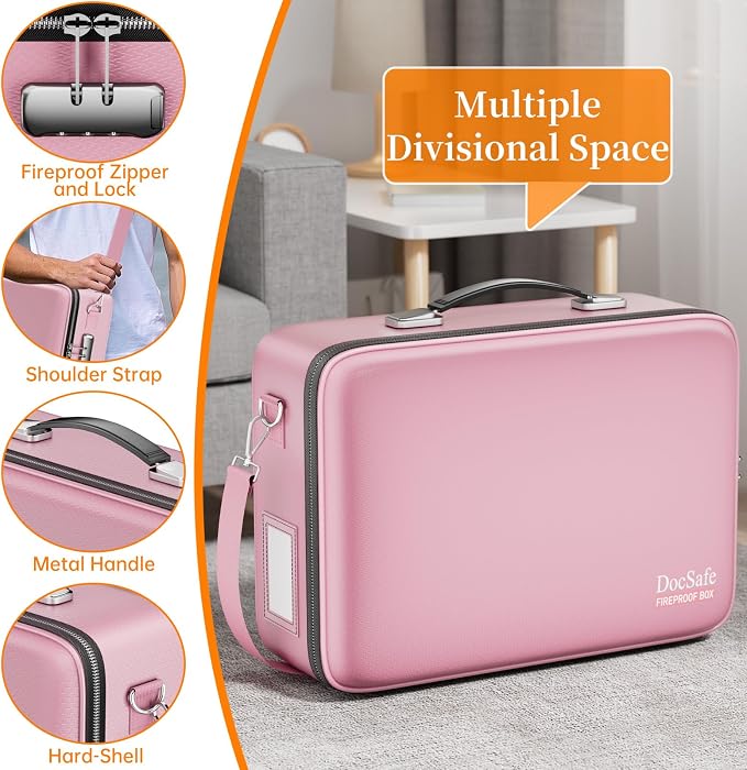 DocSafe Fireproof Document Box with Lock＆Shoulder Strap,Hard Case File Organizer with Accordion File Folder,Multi-Layer Portable Home Office Travel Safe Storage for Important Documents Laptop Pink - Image 4
